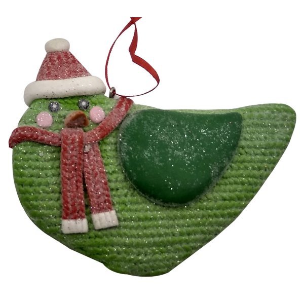 Χριστουγεννιάτικο Κρεμαστό Πουλάκι, Χιονισμένο Πράσινο με Σκούφο (11cm)